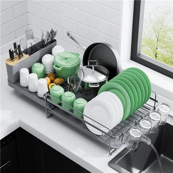 Large extendable dish drying rack with drainboard cutlery holder kitchen counter - Picture 1 of 8